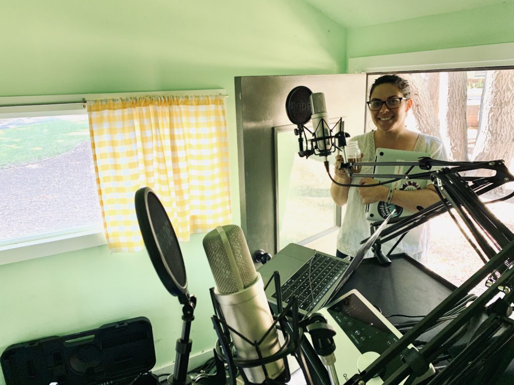 Annie Makela in podcast studio at Hillbrook