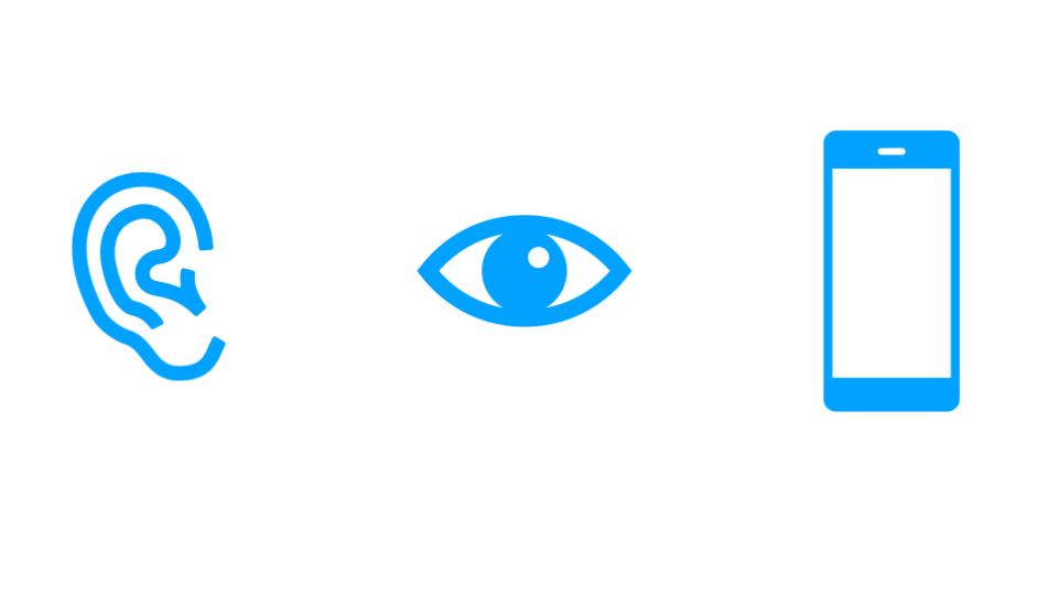 three blue icons: eye, ear, and mobile phone