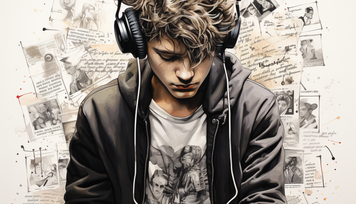 teenager_looking_down_at_album_lyrics_wearing_headphones
