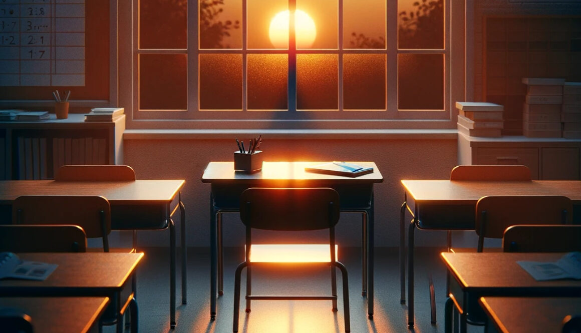 An empty classroom at dusk, symbolizing the solitary dedication of teachers, with lesson plans visible on the desk.