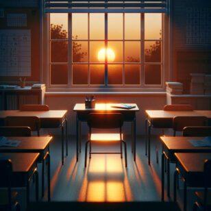 An empty classroom at dusk, symbolizing the solitary dedication of teachers, with lesson plans visible on the desk.