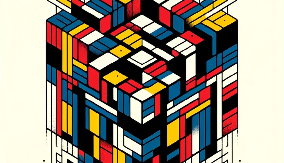 abstract artwork inspired by the style of early 20th-century abstract artists, with a focus on primary colors and geometric shapes that evoke the essence of a Rubik's cube.