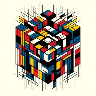abstract artwork inspired by the style of early 20th-century abstract artists, with a focus on primary colors and geometric shapes that evoke the essence of a Rubik's cube.